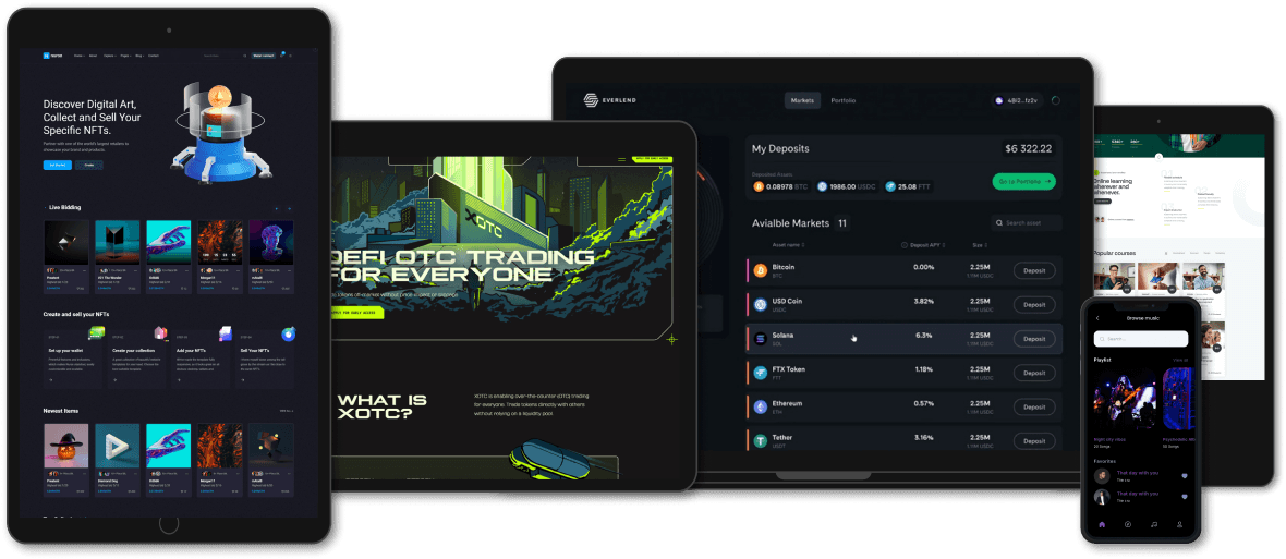 Multiple digital devices display various cryptocurrency and NFT trading dashboards, crafted by a top web development company in New York, highlighting market data, account balances, and user interfaces.